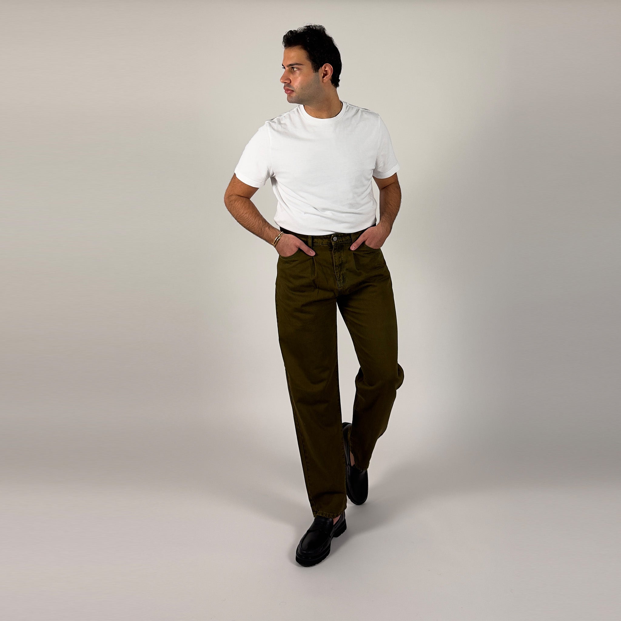 Pleated Core Jeans - Olive Green